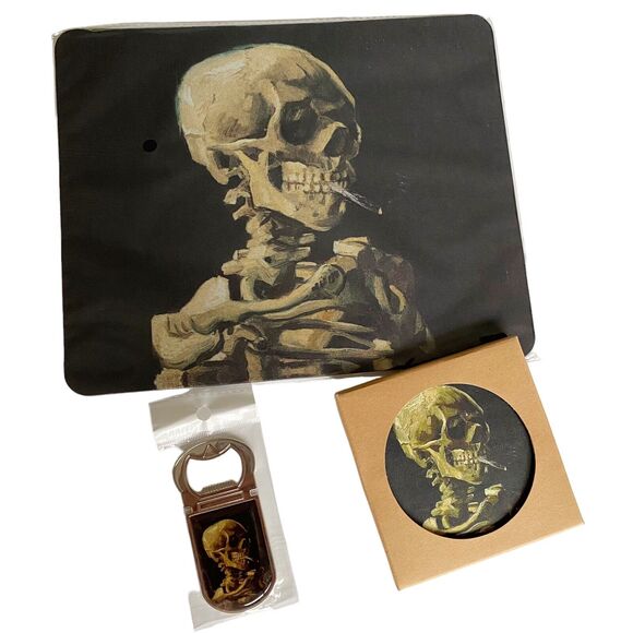 Van Gogh Smoking Skeleton Desk Set Mouse Pad Coaster Magnetic Bottle Opener NEW - Picture 1 of 9